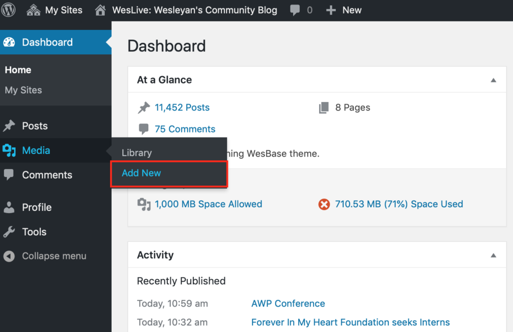 Post Image, hover over media and add click new